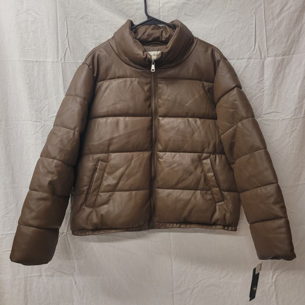 Sebby Collection Faux Leather Medium Brown Puffer Jacket XL NWT